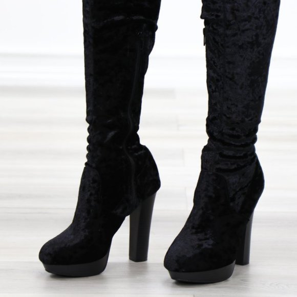 Black Velvet Thigh High Heel Boots Back Tie - Picture 3 of 15